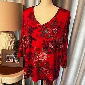Pioneer Woman dark pink floral knit top shirt blouse 3/4 length sleeve v-neck XL